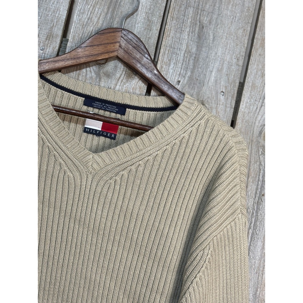 Tommy Hilfiger Mens‎ V-Neck Ribbed Knit Cotton Sweater Tan Beige Logo XL